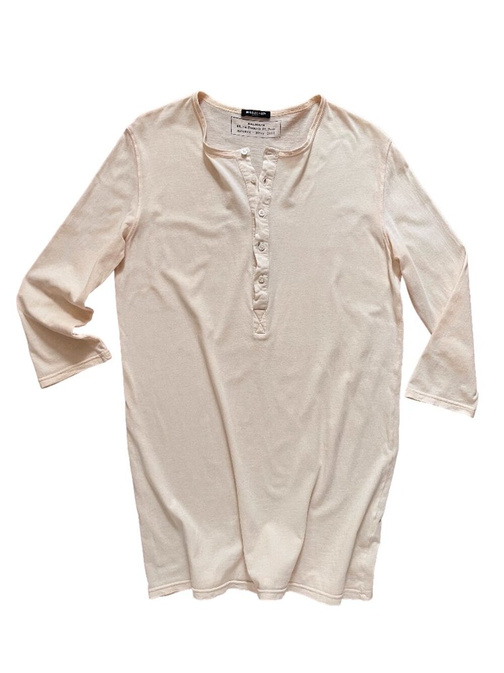BALMAIN PARIS CREAM COTTON HENLEY 3/4 SLEEVE TUNIC T-SHIRT 40 FR 8 US